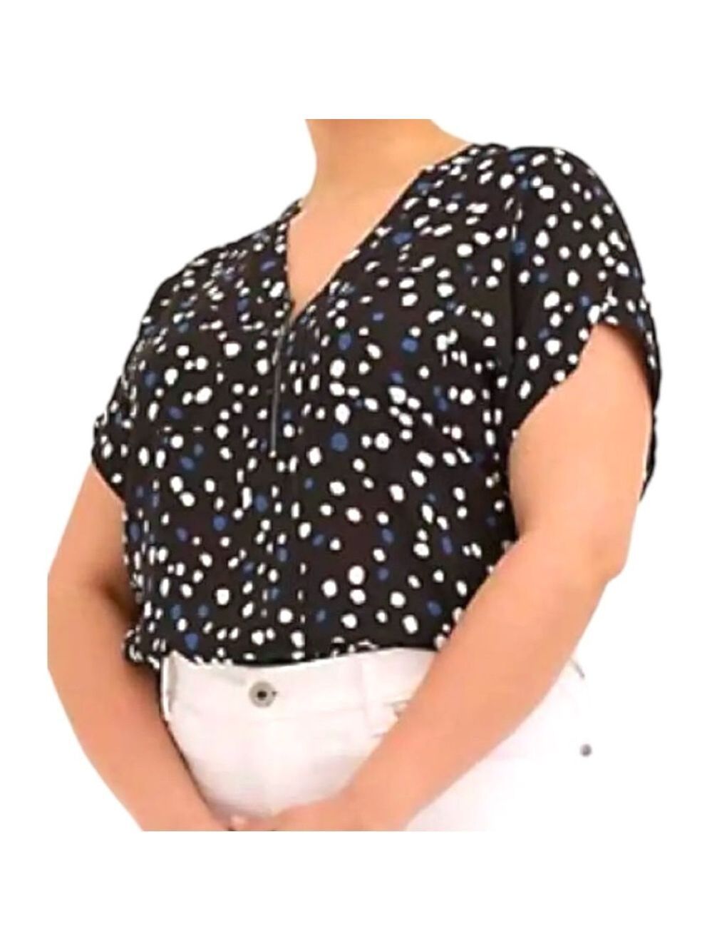 Torrid Blouse Sz 4X Blue Cheetah dot Flowy Crepe zip front Short Dolman Sleeve